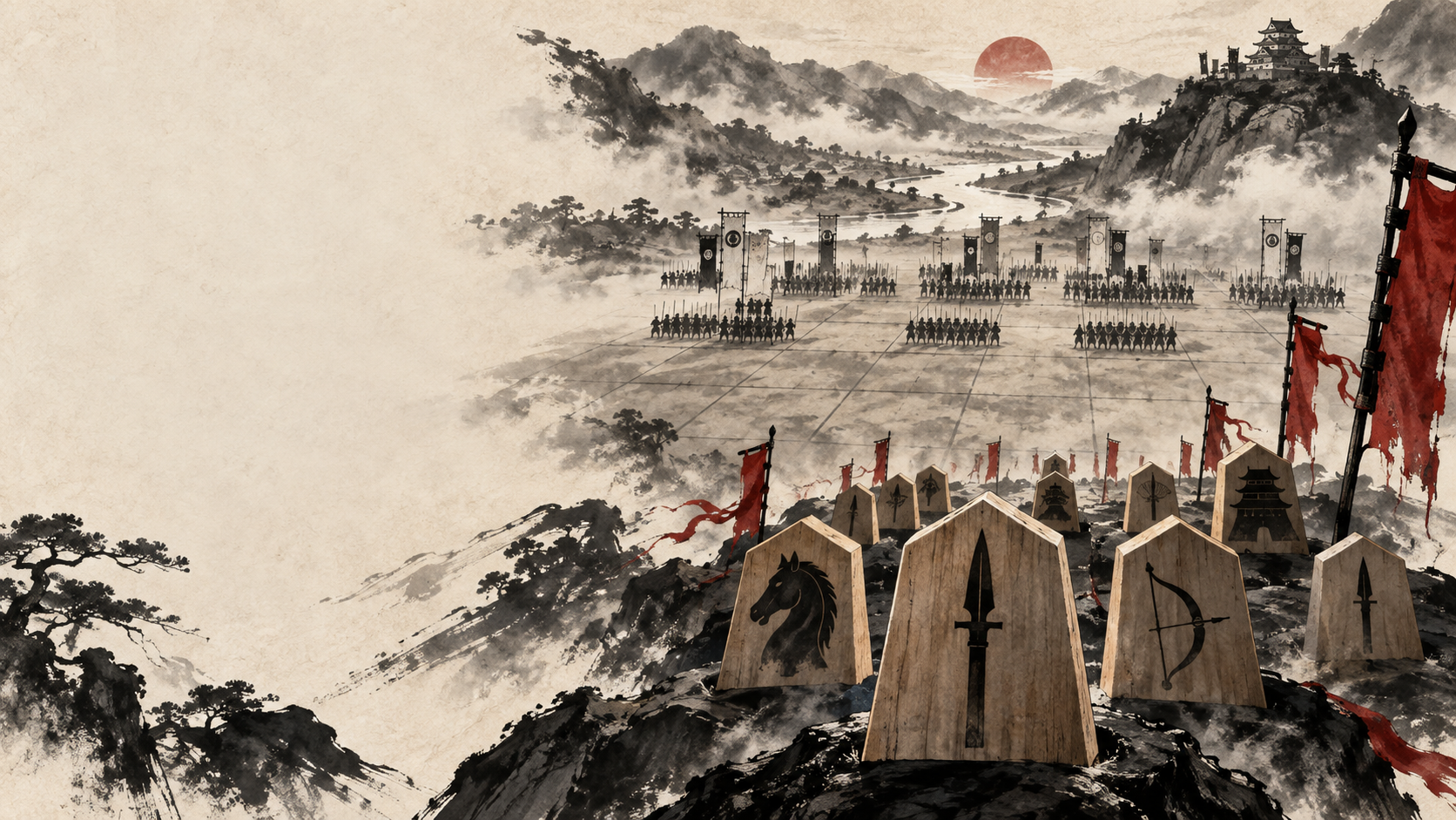 Sengoku Kifu concept cover with shogi pieces and armies in an ink-wash battlefield